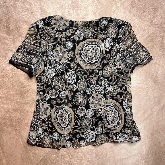 Vintage Y2K Coldwater Creek Mesh Layered Floral Blouse Metallic Round Neck Boho - Picture 2 of 6